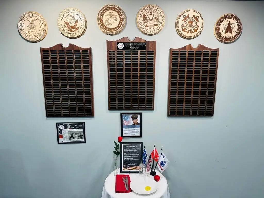 Veterans Honor wall with branch wood signs hung above 3 signs of  veterans in Milton Township